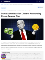 Trump Administration Close to Announcing Bitcoin Reserve Plan