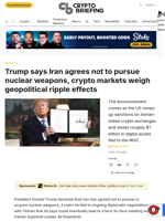 Trump says Iran agrees not to pursue nuclear weapons, crypto markets weigh geopolitical ripple effects
