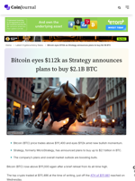 Bitcoin eyes $112k as Strategy announces plans to buy $2.1B BTC - CoinJournal