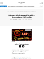 Unknown Whale Moves 95M XRP to Binance Amid 8% Price Dip