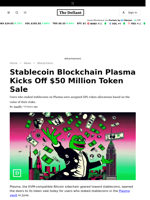 Stablecoin Blockchain Plasma Kicks Off $50 Million Token Sale - 