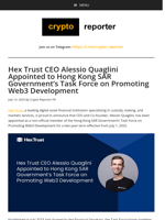 Hex Trust CEO Alessio Quaglini Appointed to Hong Kong SAR Government’s Task Force on Promoting Web3 Development