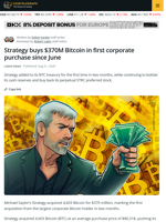 Strategy Buys $370M Bitcoin in First Corporate Acquisition Since June