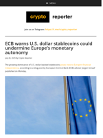 ECB warns U.S. dollar stablecoins could undermine Europe’s monetary autonomy