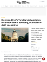 Richmond Fed's Tom Barkin highlights resilience in real economy, but warns of debt 'reckoning'