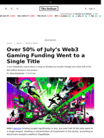 Over 50% of July’s Web3 Gaming Funding Went to a Single Title - 