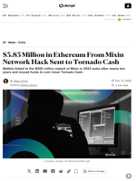 $3.85 Million in Ethereum From Mixin Network Hack Sent to Tornado Cash - Decrypt