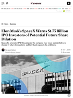 Elon Musk's SpaceX Warns $1.75 Billion IPO Investors of Potential Future Share Dilution - Decrypt