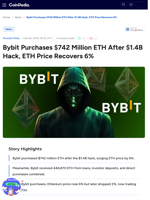 Bybit Purchases $742 Million ETH After $1.4B Hack, ETH Price Recovers 6%