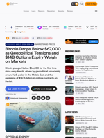 Bitcoin Drops Below $67,000 as Geopolitical Tensions and $14B Options Expiry Weigh on Markets – Markets and Prices Bitcoin News