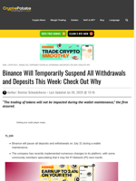 Binance Will Temporarily Suspend All Withdrawals and Deposits This Week: Check Out Why