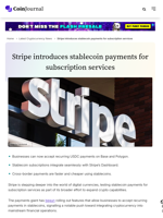 Stripe introduces stablecoin payments for subscription services - CoinJournal