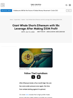 Giant Whale Shorts Ethereum with 18x Leverage After Making $15M Profit