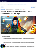 Cardi B Promotes WAP Memecoin—Price Crashes 80% in One Day!