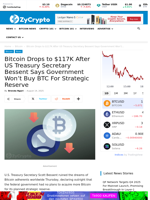 Bitcoin Drops to $117K After US Treasury Secretary Bessent Says Government Won’t Buy BTC For Strategic Reserve ⋆ ZyCrypto
