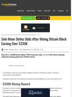 Solo Miner Defies Odds After Mining Bitcoin Block Earning Over $330K