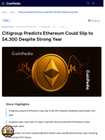 Citigroup Predicts Ethereum Could Slip to $4,300 Despite Strong Year