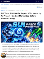 SUI Tests $1.05 While Pepeto 300x Heats Up As Project Hits CoinMarketCap Before Binance Listing