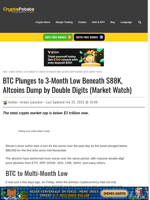 BTC Plunges to 3-Month Low Beneath $88K, Altcoins Dump by Double Digits (Market Watch)