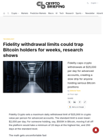 Fidelity withdrawal limits could trap Bitcoin holders for weeks, research shows