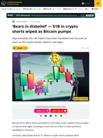 $1B Crypto Shorts Wiped, Bitcoin and Ether Continue Rally