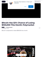 Bitcoin Has 52% Chance of Losing $100,000 This Month: Polymarket - U.Today