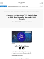 Cardano Stablecoin-to-TVL Ratio Spikes by 33%, Sets Stage for Network’s DeFi Growth