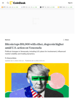 Bitcoin, ether price news: BTC surges above $91,000 as Trump ousts Venezuela dictator