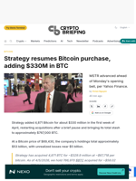 Strategy resumes Bitcoin purchase, adding $330M in BTC