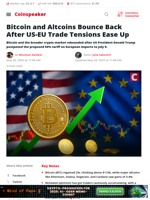 Bitcoin, Alts Rebound as US-EU Trade Tensions Ease