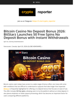 Bitcoin Casino No Deposit Bonus 2026: BitStarz Launches 50 Free Spins No Deposit Bonus with Instant Withdrawals