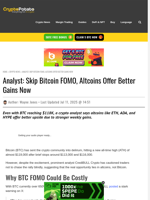 Analyst: Skip Bitcoin FOMO, Altcoins Offer Better Gains Now