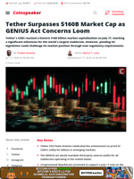 Tether Surpasses $160B Market Cap as GENIUS Act Concerns Loom - Coinspeaker