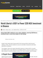 World Liberty’s USD1 to Power $2B MGX Investment in Binance