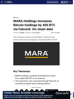 MARA Holdings increases Bitcoin holdings by 400 BTC via FalconX: On-chain data