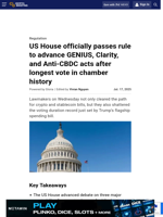 US House officially passes rule to advance GENIUS, Clarity, and Anti-CBDC acts after longest vote in chamber history