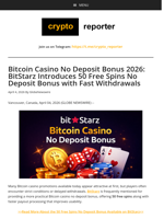 Bitcoin Casino No Deposit Bonus 2026: BitStarz Introduces 50 Free Spins No Deposit Bonus with Fast Withdrawals