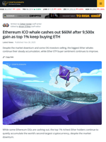 Ethereum ICO Whale Sells $60M Of 9,000x Gain, Top 1% Buy ETH