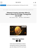 Ethereum Investor Activates After 10 Years to Move His ETH Bag, Turning $103 into $1.5M