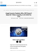 Angel Investor Explains Why XRP Doesn’t Need $5 Trillion Liquidity to Hit $100 Per Coin