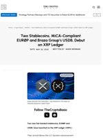 Two Stablecoins, MiCA-Compliant EURØP and Braza Group’s USDB, Debut on XRP Ledger