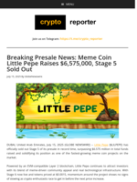 Breaking Presale News: Meme Coin Little Pepe Raises $6,575,000, Stage 5 Sold Out