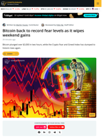 Bitcoin Plunges 4% as Fear and Greed Index Hits Historic Low