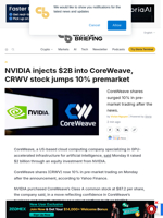 NVIDIA injects $2B into CoreWeave, CRWV stock jumps 10% premarket