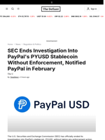 SEC Ends Investigation Into PayPal's PYUSD Stablecoin Without Enforcement, Notified PayPal in February - 