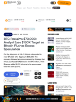 BTC Reclaims $70,000: Analyst Eyes $180K Target as Bitcoin Flushes Excess Speculation – Markets and Prices Bitcoin News