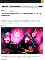 Lazarus Group Addresses Move $30M Through Hyperliquid