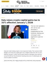 Italy raises crypto capital gains tax to 33% effective January 1, 2026