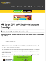 XRP Surges 20% on US Stablecoin Regulation Green Light 